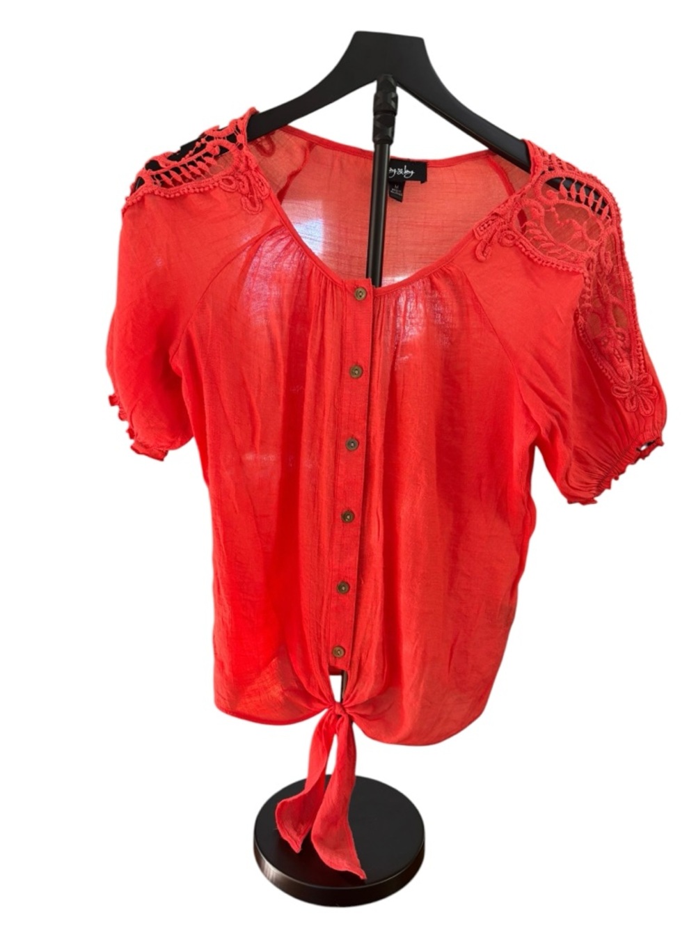 by & by Women’s M Coral Button-Front Tie Hem Crochet Shoulders Top - Picture 2 of 7